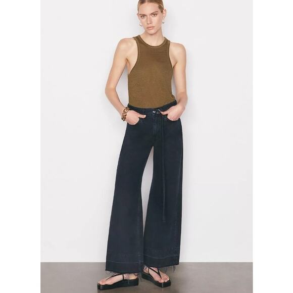 FRAME Pixie High Rise Baggy Wide Leg Jeans Released Hem Dark Wash Supermoon 28 - Picture 11 of 12